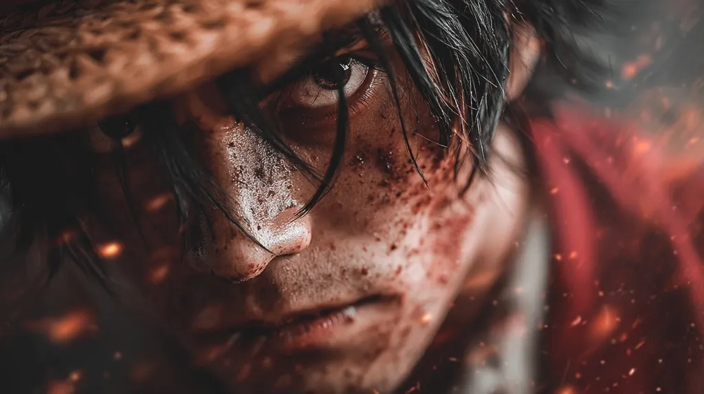 A close-up shot reveals a cosplayer, their face smeared with blood, intensely staring at the viewer.  The dark hair partially obscures the eyes, which hold a fierce expression.  A straw hat casts a shadow, adding to the dramatic intensity.  A blurred background suggests a fiery, action-packed scene. The overall effect is one of gritty realism and fierce determination.