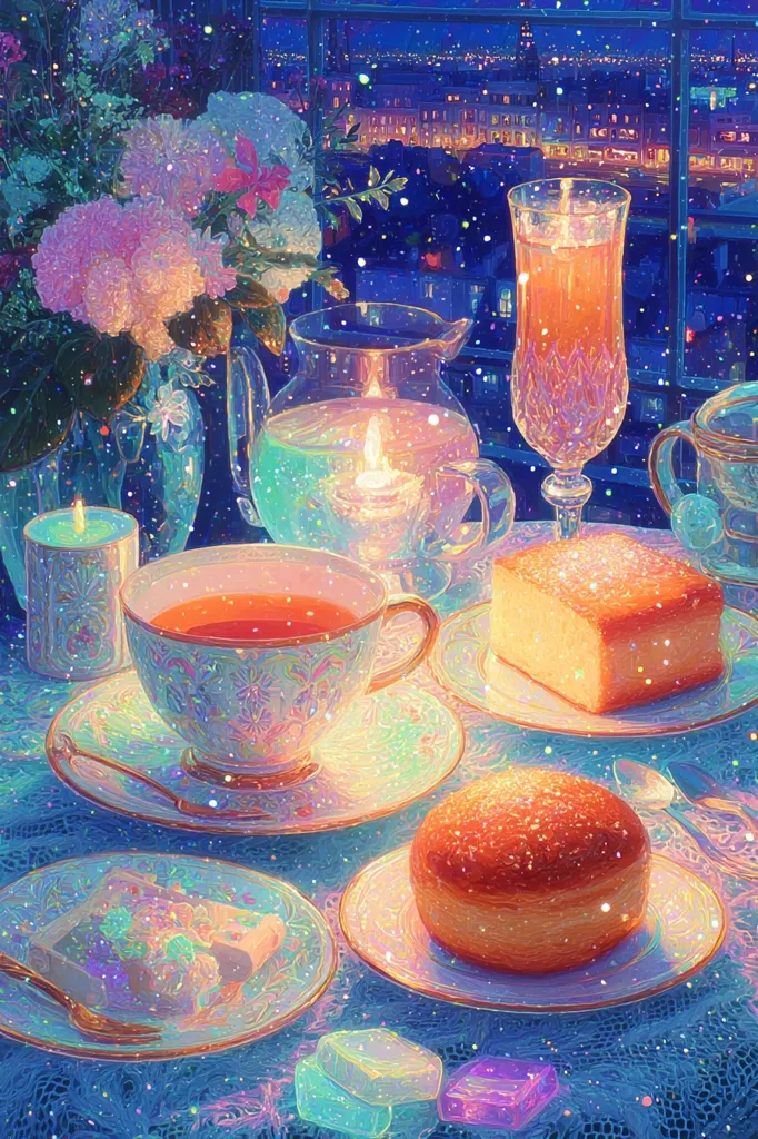 A whimsical, glittering image depicts a cozy nighttime scene.  A table is set with a teacup, saucer, cake, pastries, and a glass of amber liquid.  Candles glow softly, illuminating a vase of pastel flowers.  A city night view shimmers through a window, adding to the magical atmosphere.  The overall effect is dreamy and enchanting, like a fairy tale.