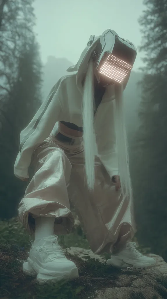 A person in a futuristic, light-colored outfit and a helmet with a glowing grid faceplate sits in a misty forest.  Long white hair falls past the helmet.  The clothing appears sleek and modern, with loose pants and a cropped top. The scene is atmospheric and evokes a sense of mystery and otherworldliness.  The footwear is chunky and white.