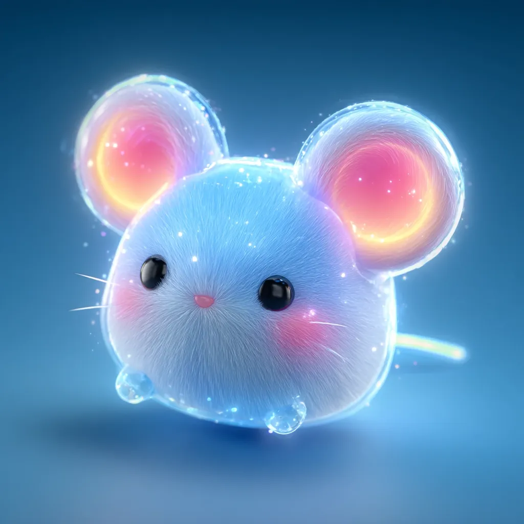 A cute, fluffy, light blue mouse is depicted in a 3D render. Its large ears glow with a warm, inner light, contrasting against its soft fur.  The mouse has large, expressive eyes and rosy cheeks, giving it an adorable appearance.  It appears to be glowing faintly, creating a magical and whimsical feel.