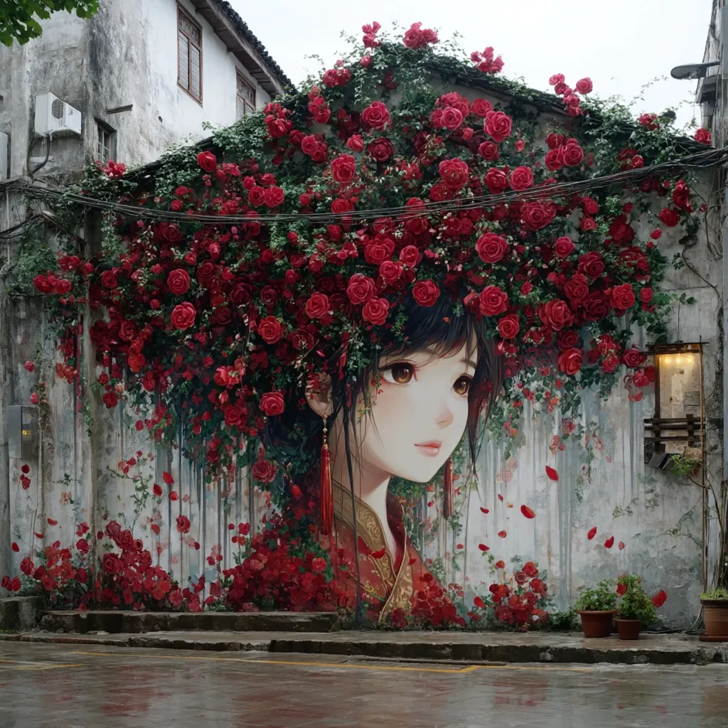 A vibrant mural adorns a weathered building.  It depicts an anime-style girl with dark hair, wearing traditional-looking attire, framed by a cascade of red roses that spills over the wall. The roses appear to grow from the building itself, creating a magical, romantic atmosphere.  The scene is set against a backdrop of a quiet, possibly Asian, street.  The overall effect is stunning and eye-catching.
