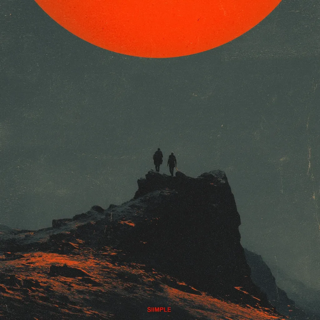 Two silhouetted figures stand atop a dark, rocky peak against a muted, dusky sky.  A large, vibrant orange orb dominates the upper portion of the image, resembling a setting sun or a large planet. The overall mood is somber and evocative, with a minimalist aesthetic. The word "SIMPLE" is subtly placed at the bottom.