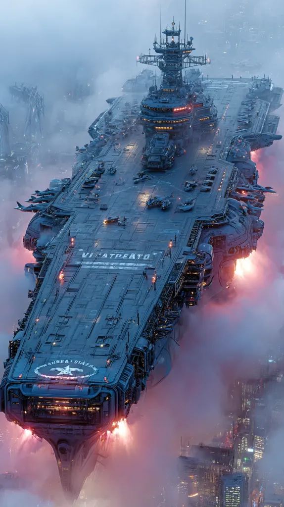A colossal futuristic aircraft carrier, the "Vicatpeatio," dominates the scene, its deck teeming with smaller crafts.  Intricate detailing showcases advanced technology.  Glowing thrusters ignite beneath the massive vessel, which hovers above a sprawling, futuristic city shrouded in mist.  The ship's name and insignia are prominently displayed. The overall impression is one of immense scale and technological prowess within a sci-fi setting.