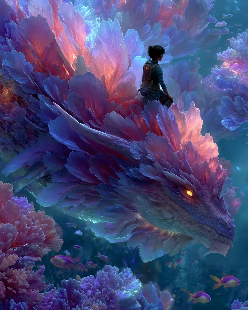 A young woman sits atop a fantastical, bioluminescent dragon resembling a coral reef.  The dragon, with glowing eyes, blends seamlessly into the vibrant underwater environment.  Surrounding them are luminous coral formations and small fish, creating a surreal and peaceful scene.  The overall aesthetic is dreamlike and otherworldly.