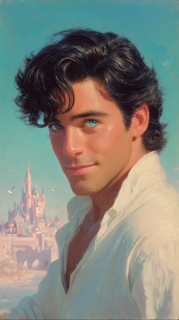 A portrait of a young man with dark, wavy hair and striking blue eyes. He's wearing an unbuttoned, light-colored shirt.  His expression is soft and pleasant. In the background, a slightly blurred image of Cinderella's Castle at Disney World is visible, adding a whimsical touch to the overall dreamy and romantic feel of the painting. The style is painterly and evocative.