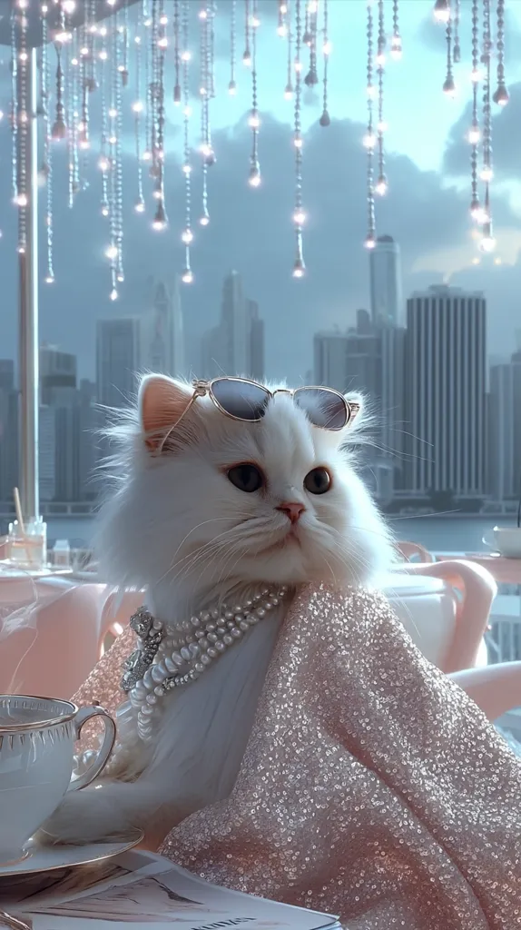 A fluffy white Persian cat, adorned with sunglasses and a pearl necklace, sits elegantly draped in a shimmering pink shawl.  The backdrop features a city skyline viewed through a window decorated with hanging lights.  A teacup and saucer rest on a table in the foreground, creating a scene of sophisticated feline glamour.