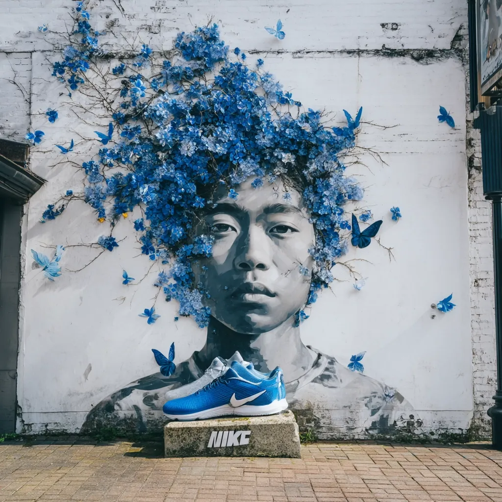 A striking mural depicts a person's face adorned with a vibrant crown of blue flowers and surrounded by delicate butterflies.  The artistic style is realistic, with a focus on detail in both the portrait and the floral elements.  A pair of blue Nike shoes sits prominently in the foreground, on a small block displaying the Nike logo, creating a visually compelling juxtaposition of art and product placement.