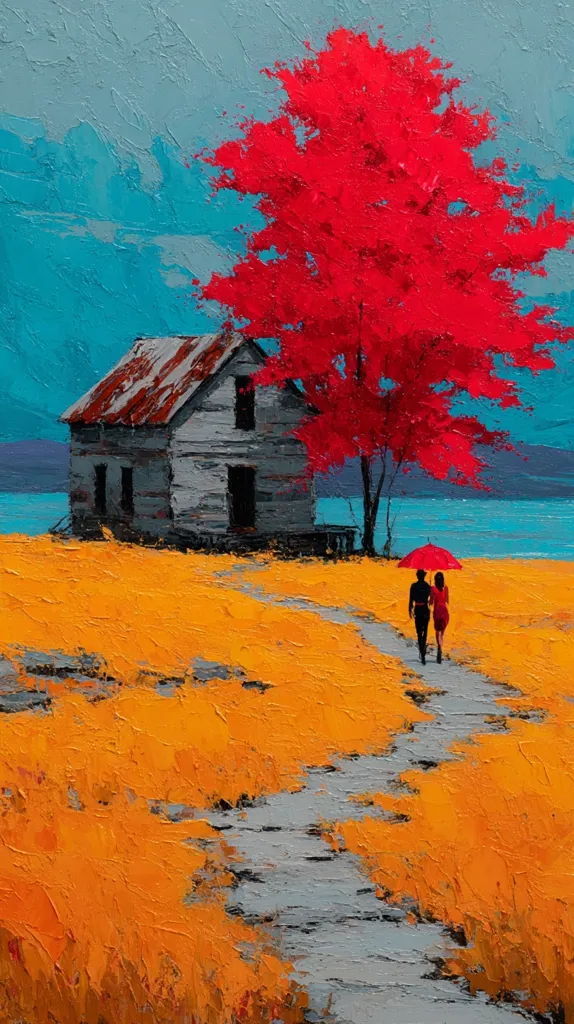 A vibrant painting depicts a couple walking hand-in-hand down a path towards a weathered house, under a vivid red tree.  The path winds through a field of bright orange, leading to the rustic dwelling by a tranquil body of water. The scene is painted with thick impasto strokes, creating a textured and expressive style.  A red umbrella adds a pop of color to the couple's silhouette, against the backdrop of a moody, teal sky.