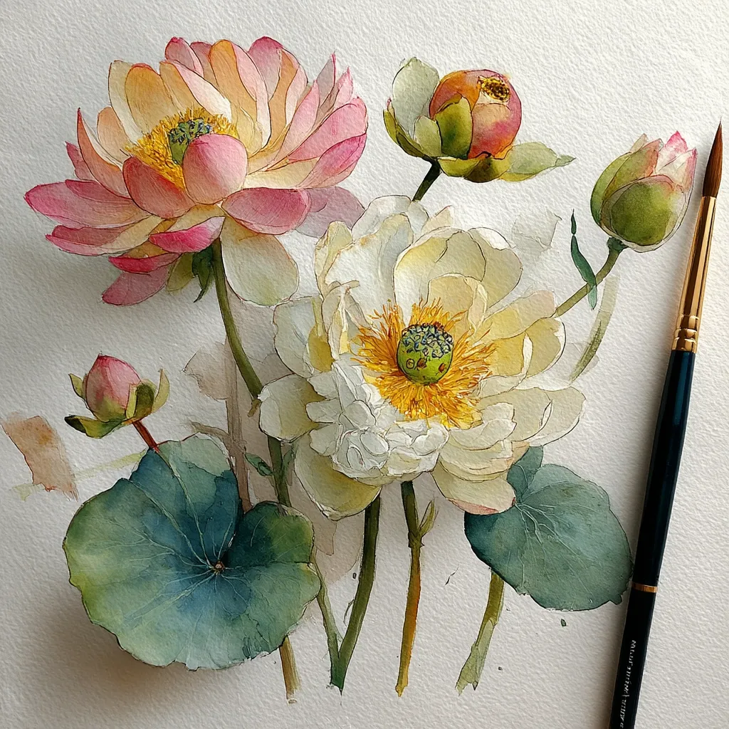 A stunning watercolor painting showcases a cluster of lotus flowers in varying stages of bloom.  Delicate pink and creamy white blossoms are depicted with meticulous detail, their petals rendered with soft, translucent washes.  Unopened buds and large leaves complete the composition, creating a serene and elegant botanical artwork.  A paintbrush rests beside the painting, hinting at the artist's process.