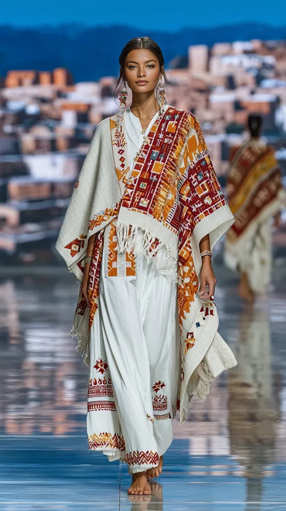 A model walks a runway showcasing a flowing white pantsuit adorned with embroidered details in burnt orange and deep red.  The ensemble is complemented by an intricately patterned, off-white poncho with fringe detailing, adding a bohemian flair.  The model's dark hair is pulled back, and she wears long, dangling earrings. The background is blurred, suggesting a scenic outdoor location.