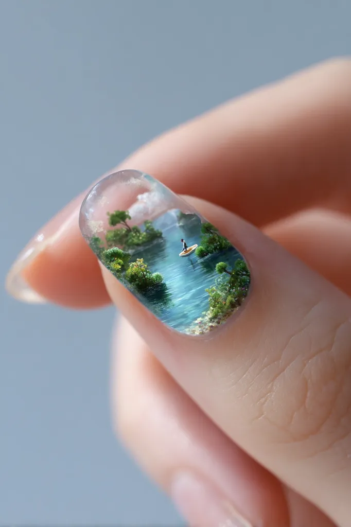 A close-up shot reveals a fingernail adorned with intricate miniature artwork.  Encased in clear resin, a tiny landscape unfolds: a tranquil lake, verdant shores lined with miniature trees, and a solitary figure on a small raft. The scene is incredibly detailed, creating a captivating, realistic microcosm on the nail.  The overall effect is both beautiful and surprisingly lifelike.