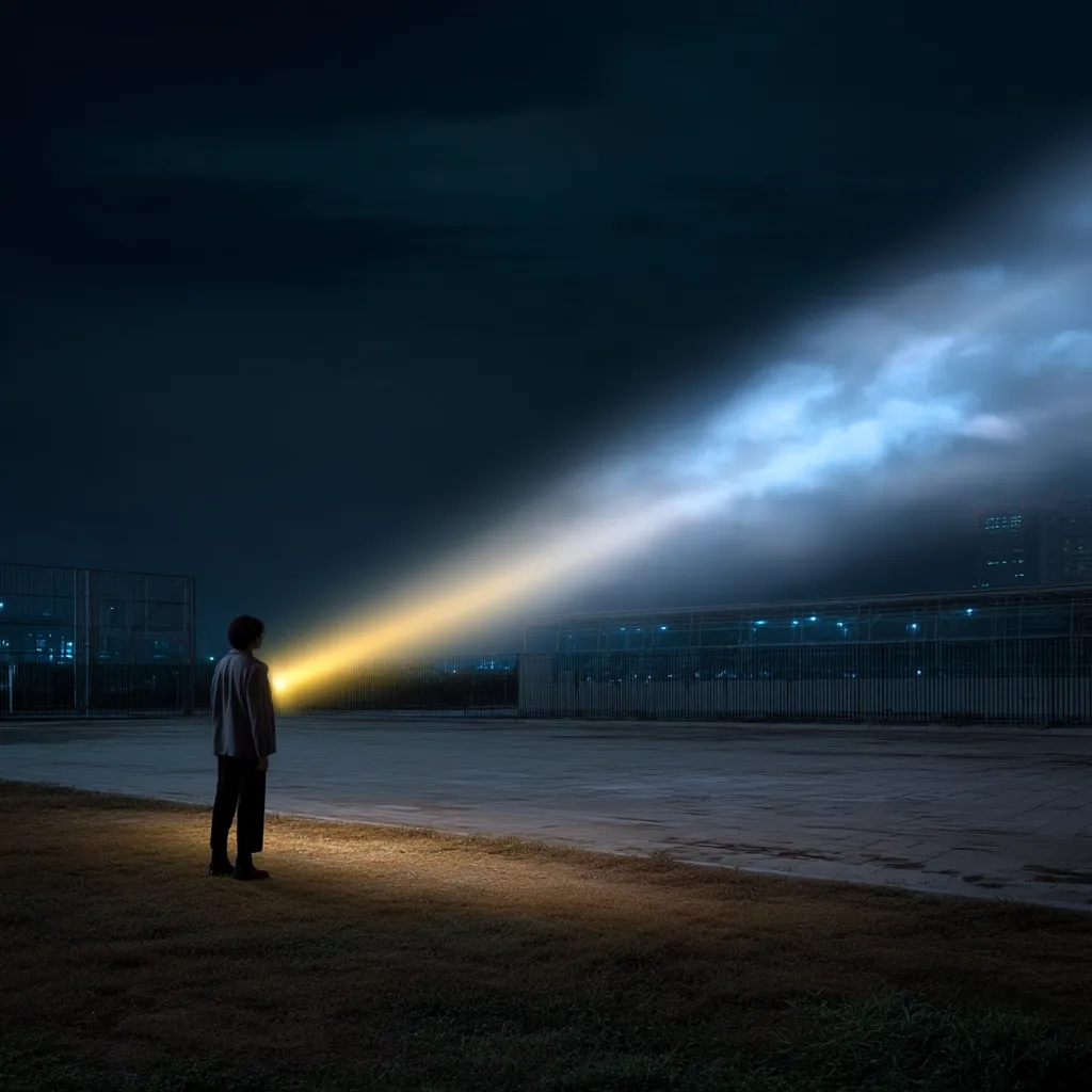 A solitary figure stands in a deserted nighttime space, illuminated by a powerful beam of light emanating from their hand.  The light cuts through the darkness, casting a dramatic glow on the ground and revealing a distant cityscape behind a fence.  The scene evokes a sense of mystery and hope amidst the night.
