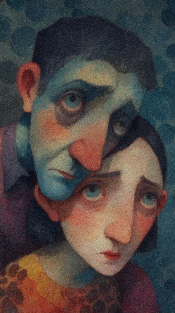 A stylized watercolor painting depicts a close-up of a man and woman embracing.  The man's face is predominantly blue, conveying sadness, while the woman's face, partially obscured, shows a more subdued sorrow.  Their features are exaggerated, with large eyes and noses, creating a melancholic and intimate mood. The background is a textured dark teal. The overall style is expressive and emotionally charged.