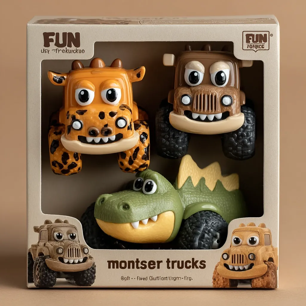 A set of four adorable monster trucks, designed as animal characters, are showcased in a cardboard box.  The trucks feature a leopard, crocodile, and two variations of a jeep-like design.  The box is light brown, with the brand name "FUN" prominently displayed. The text "monster trucks" is written on the bottom, alongside what seems to be additional product information.  The overall aesthetic is playful and child-friendly.