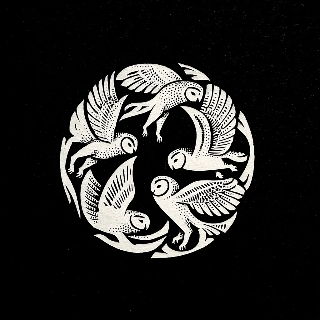 A stylized circular design features five barn owls in a dynamic arrangement.  The owls, rendered in stark white against a black background, are depicted in flight, their wings spread, creating a sense of movement and energy. The intricate details and the circular composition suggest a Celtic or Art Nouveau influence. The overall effect is one of both elegance and power.