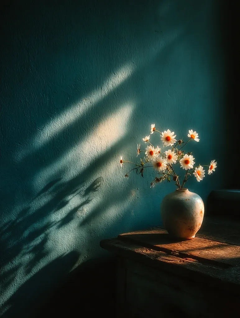 A rustic wooden table holds a simple, off-white vase filled with delicate white daisies.  Sunlight streams through a window, casting dramatic shadows on the deep teal wall behind. The scene is quiet and contemplative, emphasizing the beauty of simple things in a subtly moody atmosphere.  The contrast between light and shadow highlights the flowers' fragility and the aged texture of the wood.