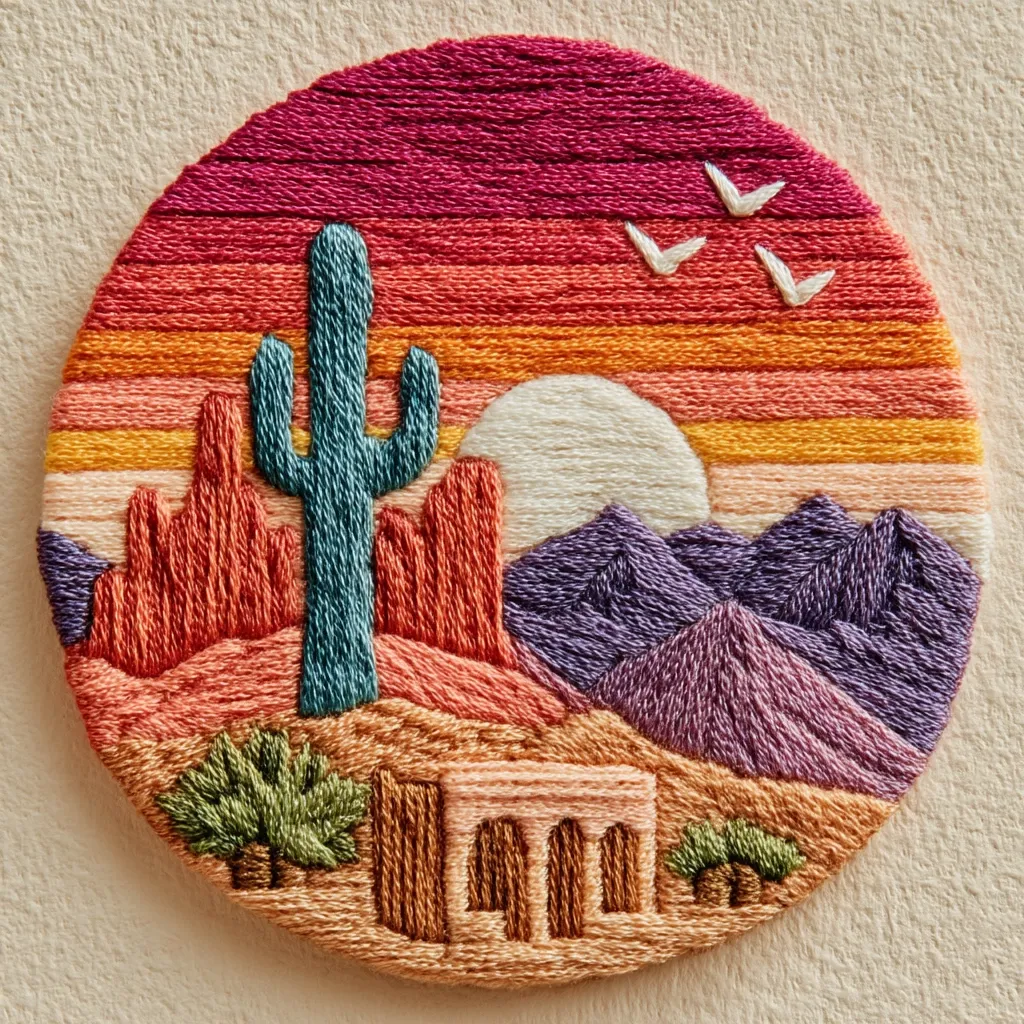 A circular embroidery depicts a desert sunset.  Stripes of warm colors create the sky, with three birds in flight.  A tall, teal cactus stands prominently in the foreground, before a range of reddish-orange mesas and purple mountains. A small structure, possibly an adobe building, sits nestled amongst low desert plants. The scene is rendered in a textured, stylized manner using colorful thread.