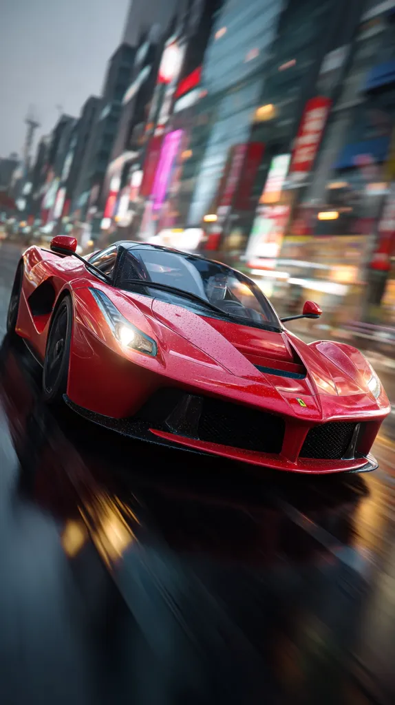 A vibrant red Ferrari LaFerrari speeds through a rain-slicked city street at night.  The city's blurred lights create a dynamic backdrop, emphasizing the car's sleek design and powerful motion.  Water droplets cling to the Ferrari's polished surface, reflecting the surrounding neon glow. The overall image is one of high speed and urban energy.
