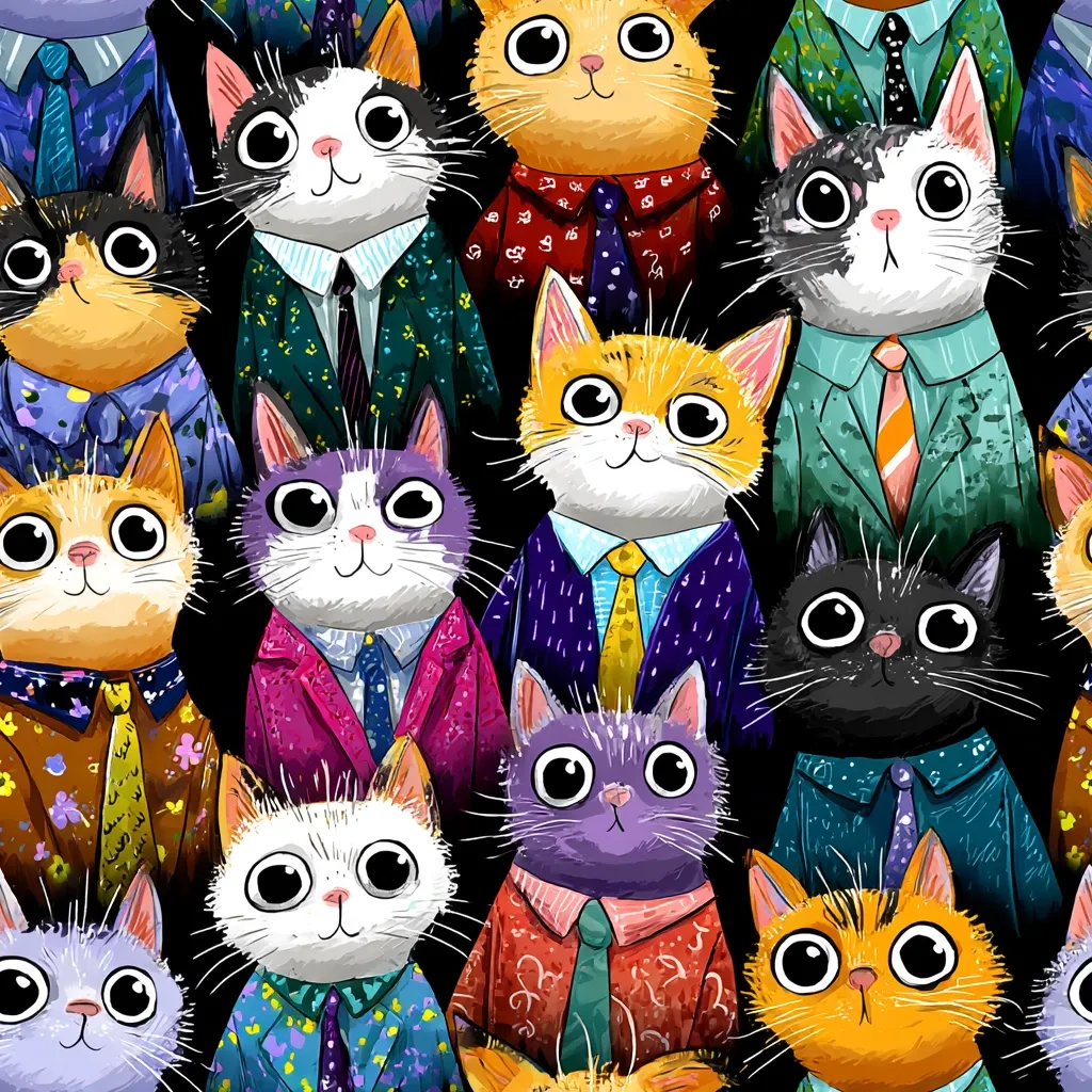 A vibrant illustration features a multitude of cartoon cats, each dressed in stylish suits and ties of various colors and patterns.  Their large, expressive eyes and charming expressions create a playful and cheerful atmosphere.  The cats are densely packed together, creating a visually engaging and whimsical scene.  The background is a simple black, allowing the colorful cats to stand out.