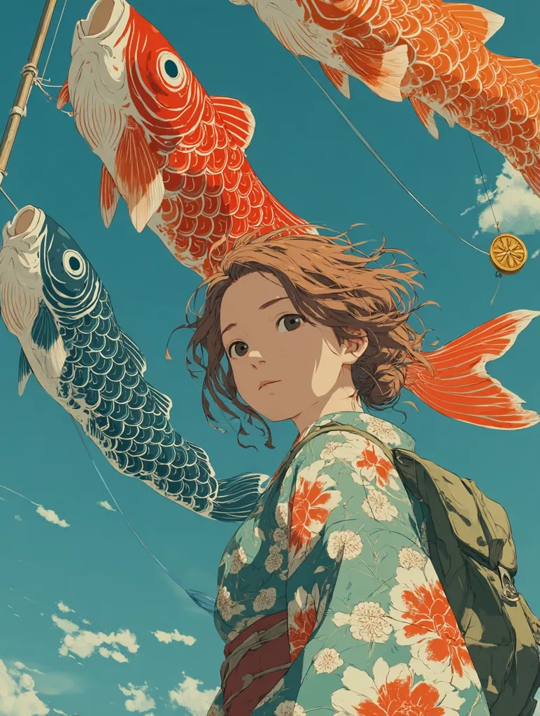 A young woman, adorned in a vibrant floral kimono and a backpack, stands against a clear blue sky.  Colorful koi carp streamers, traditional Japanese windsocks, float overhead, adding to the whimsical scene. The art style is reminiscent of anime, with soft features and a serene atmosphere. The overall image evokes a sense of peace and cultural celebration.