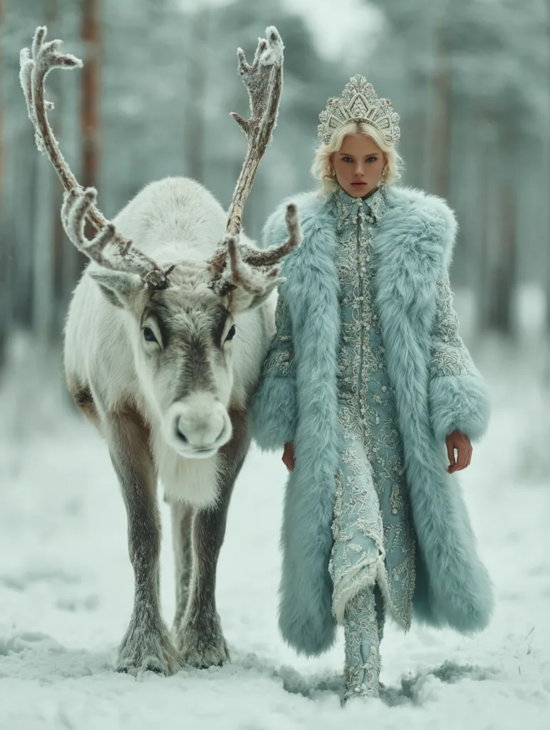 A snow queen, adorned in a light blue fur coat and ornate crown, stands beside a reindeer in a snowy forest.  Her elegant, embroidered gown peeks from beneath the fur. The scene evokes a fairytale atmosphere, with the wintry landscape adding to the magical ambiance. The reindeer's antlers are frosted, enhancing the overall cold, beautiful setting.
