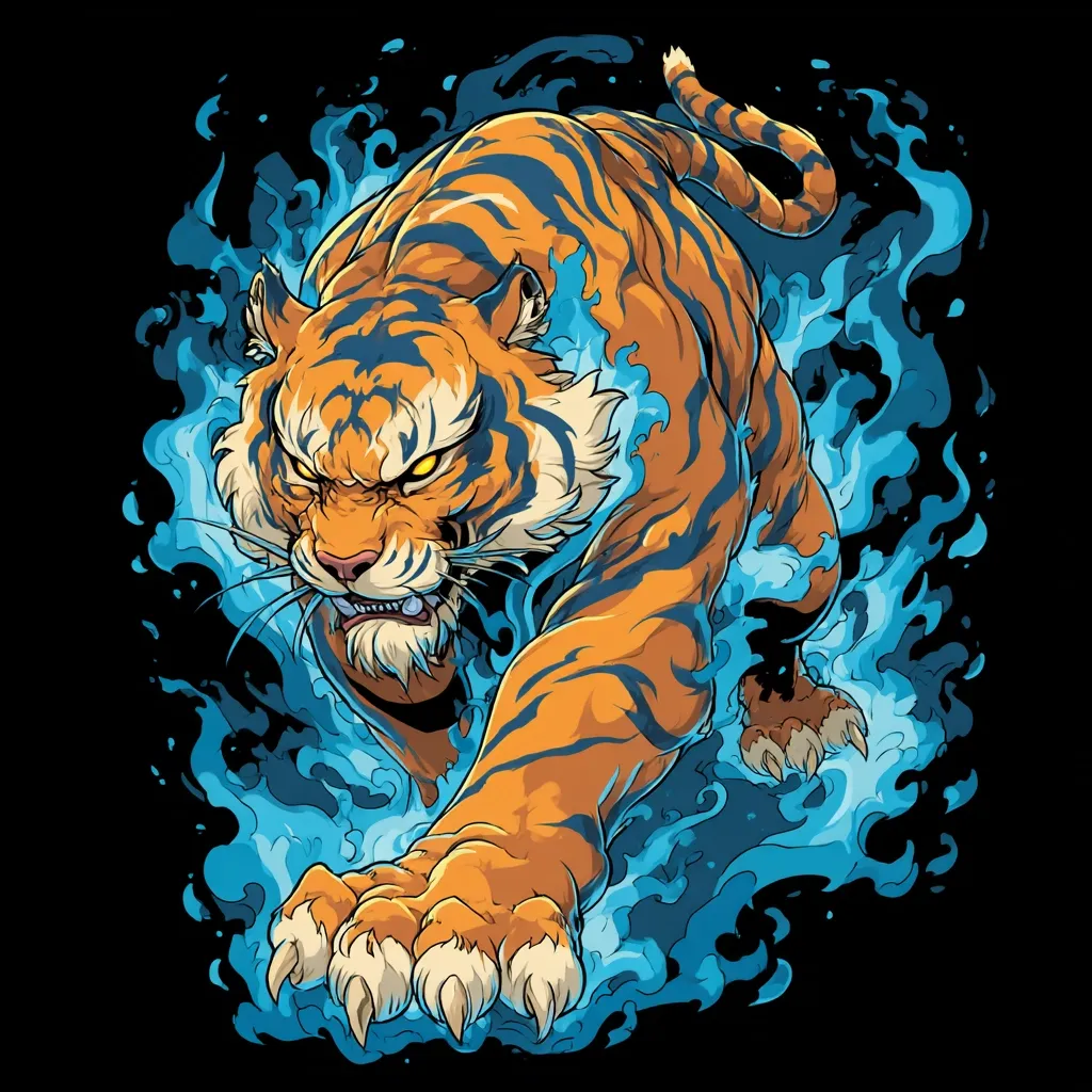 A fierce tiger, rendered in vibrant orange and black stripes, bursts forth from swirling blue flames.  Its powerful muscles are emphasized, and its intense gaze and bared teeth convey aggression. The stylized flames create a dynamic background, enhancing the tiger's fierce energy and predatory posture. The artwork is a striking blend of realism and graphic design.