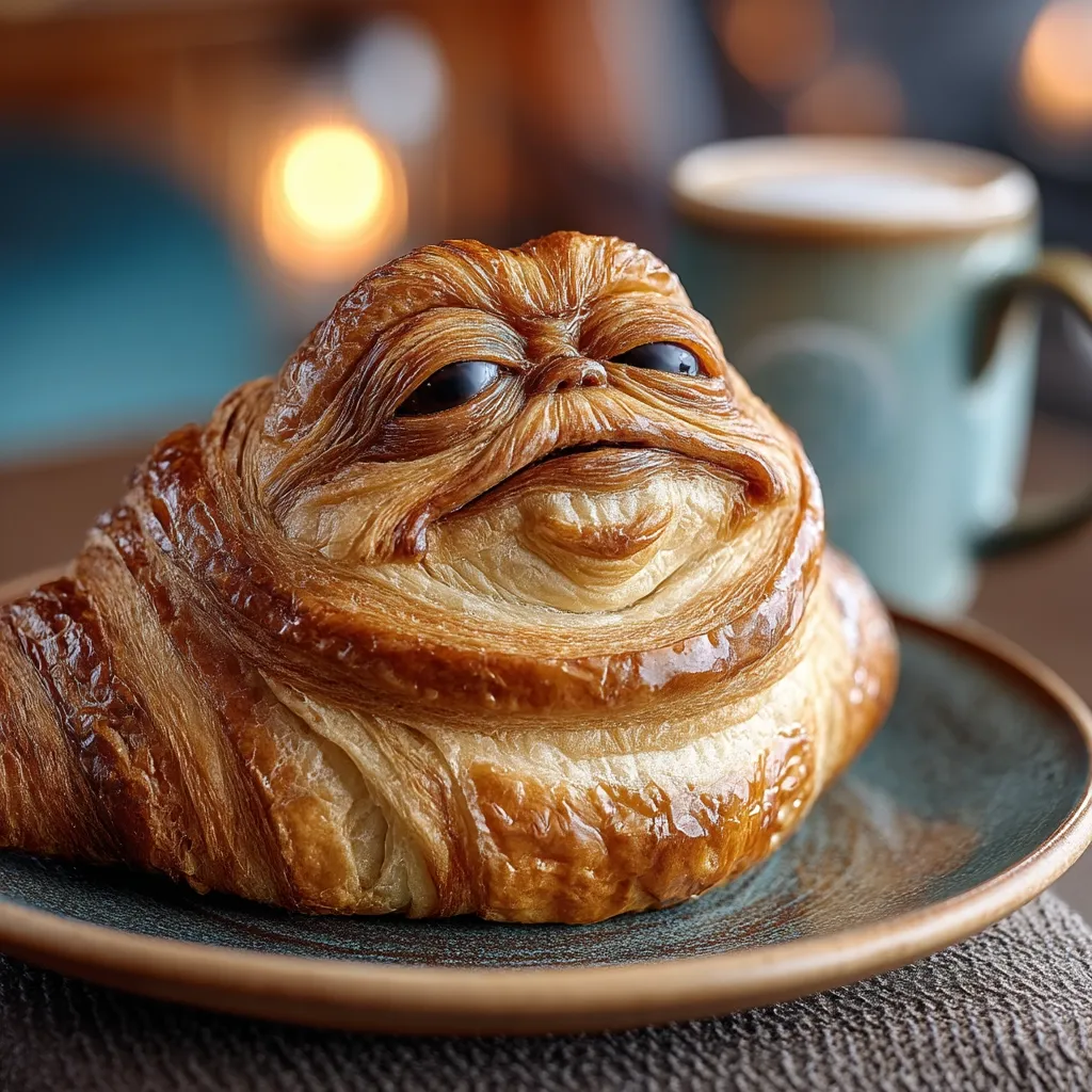 A perfectly baked croissant is artfully shaped to resemble Jabba the Hutt from Star Wars.  Its golden-brown layers mimic the character's textured skin, while the croissant's plump form captures Jabba's distinctive physique. The pastry rests on a teal plate, with a cup of coffee softly blurred in the background, creating a whimsical and delicious scene.