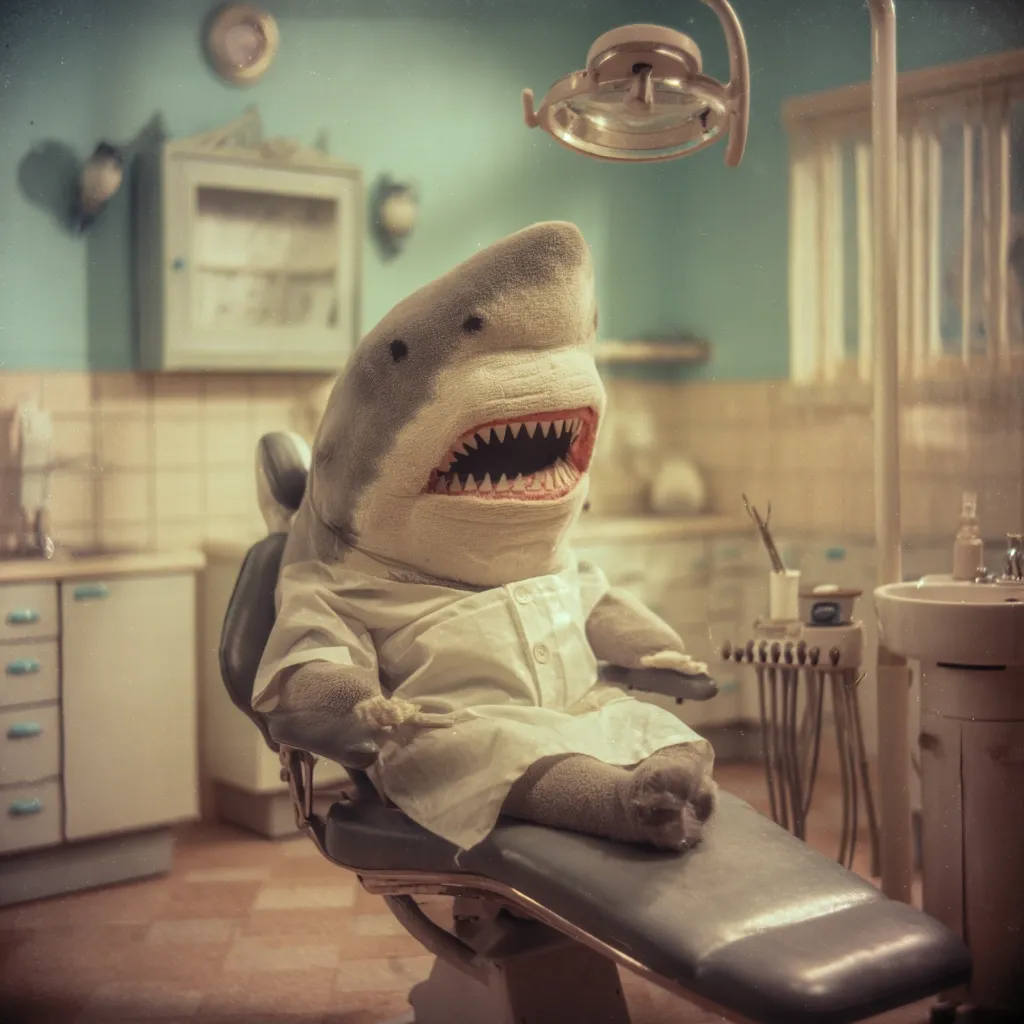 A plush shark, dressed in a dentist's coat, sits patiently in a vintage dental chair.  The room is a retro-styled dental office with pale green walls and aged cabinetry. The overhead lamp is positioned above the shark, creating a whimsical and slightly unsettling scene.  The image has a muted, nostalgic color palette.