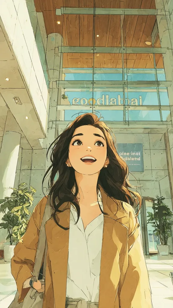 A young woman with long brown hair smiles brightly, standing in a modern building's airy entrance.  She wears a light beige coat over a white shirt, and carries a shoulder bag.  The building's glass facade reveals a clear sky and signage suggesting a business or café.  Plants are visible in pots near the entrance, adding to the calm, optimistic atmosphere. The art style is digitally painted, with soft lines and warm colors.