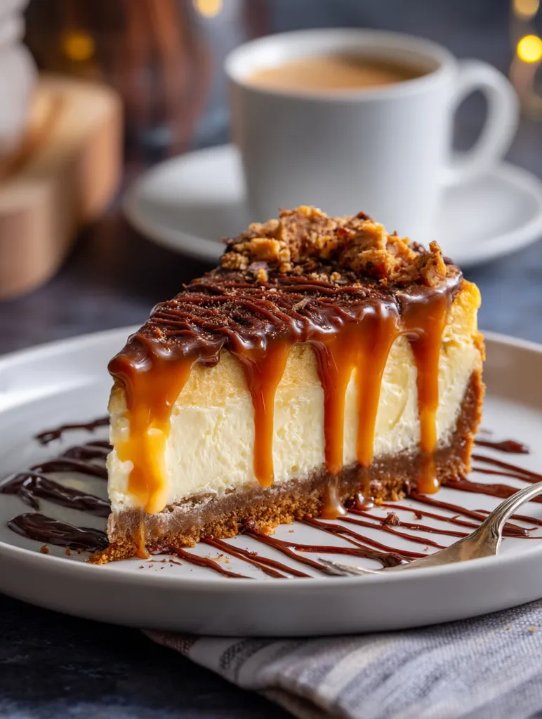 A slice of decadent cheesecake takes center stage.  Its creamy white filling is generously drizzled with caramel and chocolate sauces, and topped with a crunchy crumble.  The cheesecake rests on a gray plate, elegantly decorated with more chocolate sauce. A cup of coffee sits softly blurred in the background, suggesting a delightful afternoon treat.  The overall presentation is warm and inviting.
