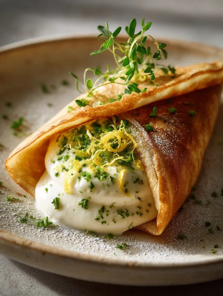A delicate crepe is artfully folded to encase a creamy filling, generously sprinkled with lemon zest and finely chopped herbs.  A sprig of fresh thyme rests atop, adding a touch of vibrant green. The crepe sits on a light beige plate, dusted with a fine layer of powdered sugar, creating a visually appealing and appetizing dessert or light meal.