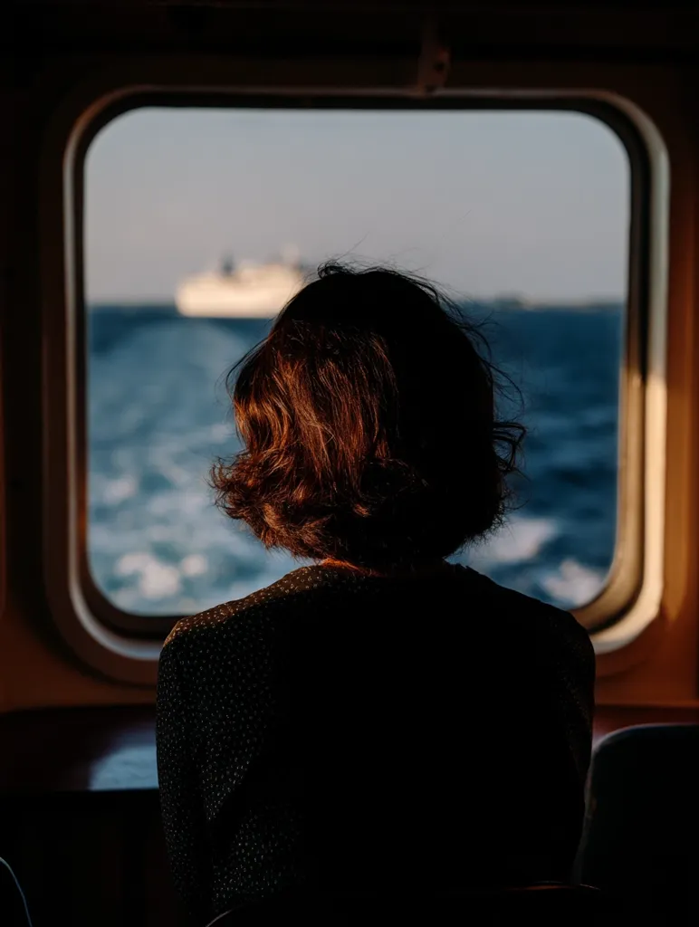A woman with shoulder-length brown hair sits facing away from the camera, gazing out a large window.  The window reveals a blue ocean with a distant ship. She is dressed in a dark, patterned top. The setting appears to be a boat or ship's interior, creating a contemplative and somewhat melancholic mood. The backlighting highlights her hair and silhouette.