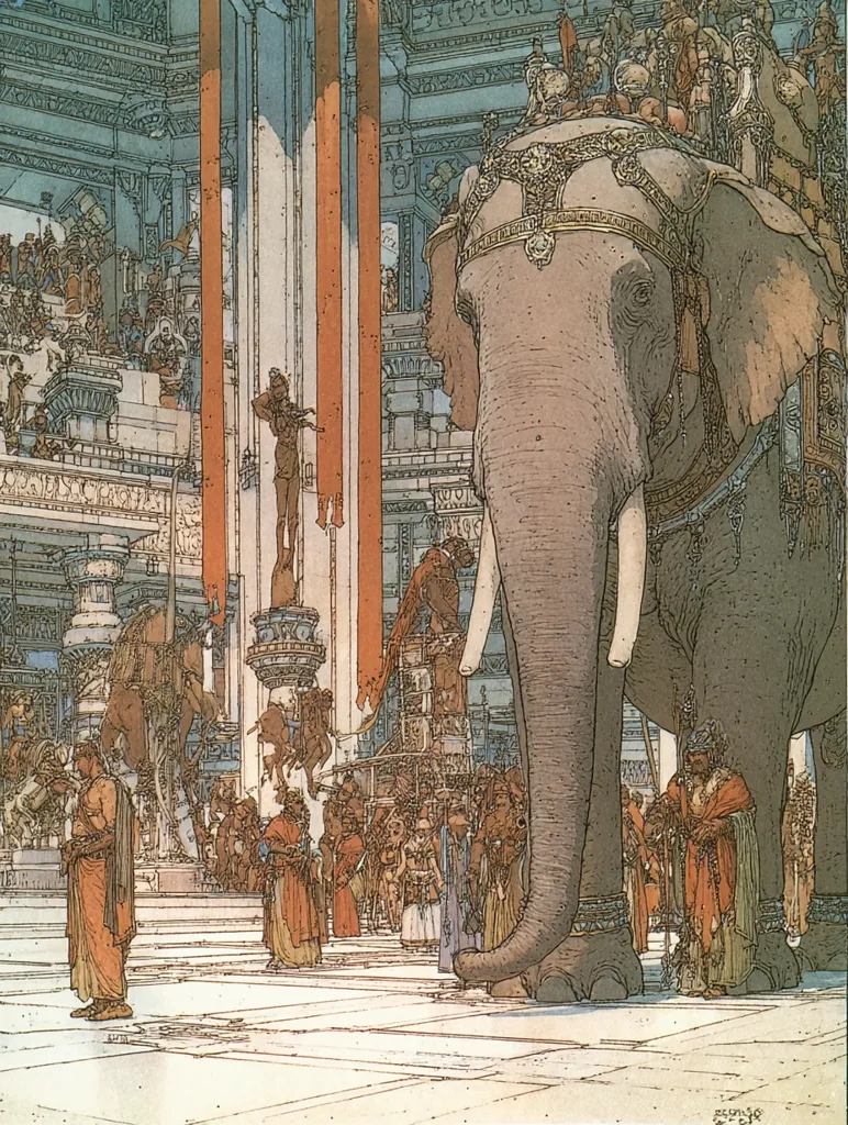 A majestic elephant, adorned with ornate trappings, stands prominently in a grand, ancient Roman-style hall.  Numerous figures in flowing robes and elaborate attire surround it, suggesting a procession or ceremonial event. The architecture is detailed and imposing, featuring towering columns, balconies, and intricate carvings, creating a sense of imperial grandeur and power.  A statue is visible in the background, adding to the scene's historical and artistic richness.