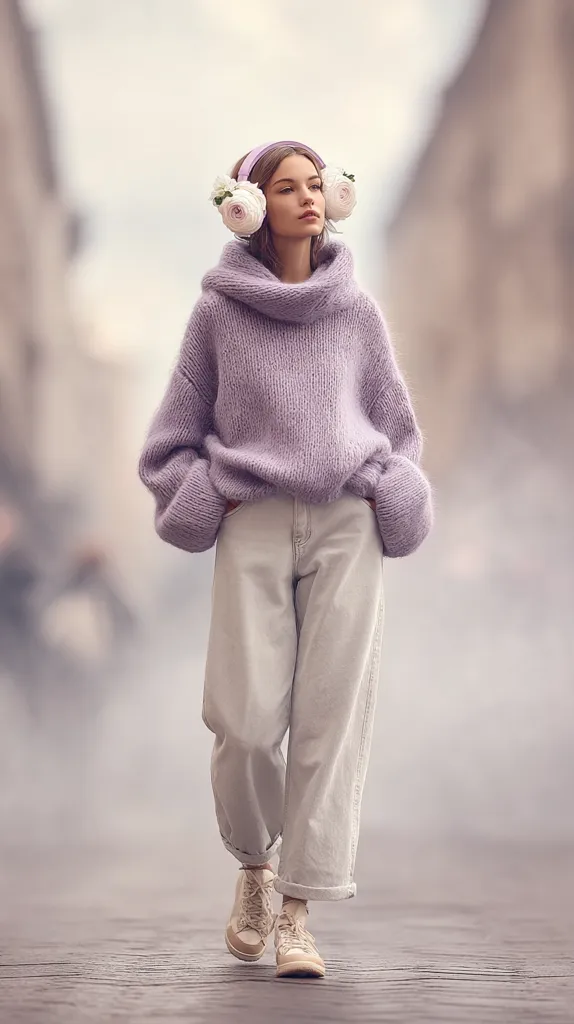 A young woman strolls down a city street, her lavender oversized sweater and light beige wide-leg pants creating a relaxed yet stylish silhouette.  She wears beige sneakers and a unique headband adorned with delicate white flowers, adding a touch of whimsical charm to her ensemble. The overall mood is serene and fashionable.