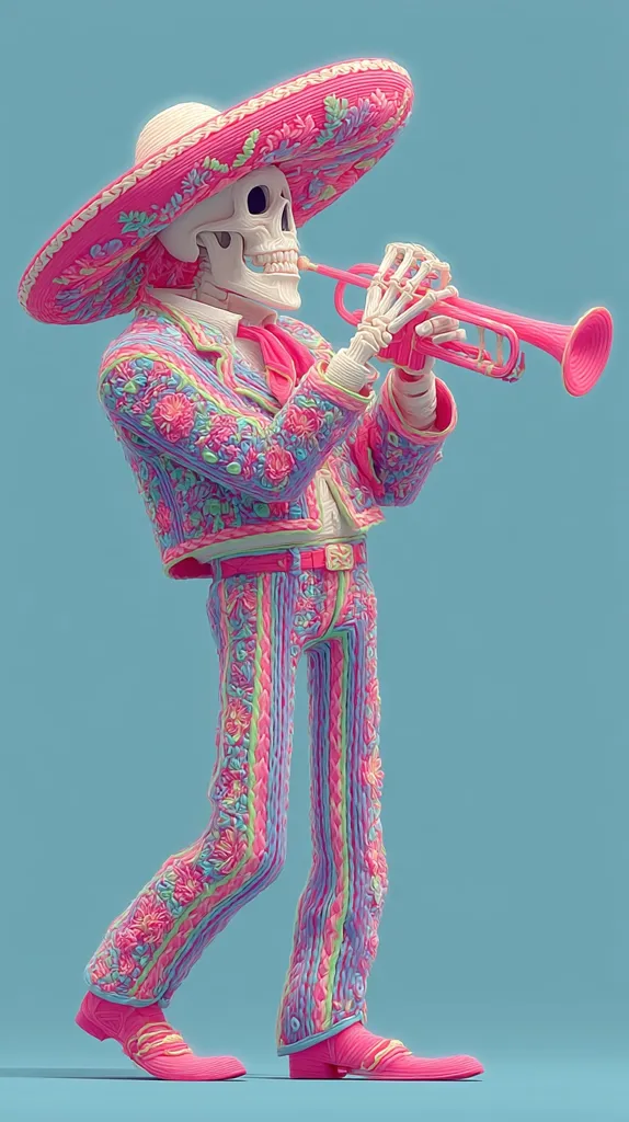 A vibrant digital artwork depicts a skeleton mariachi musician.  Dressed in a brightly colored, pastel pink and floral embroidered traje, complete with a wide-brimmed sombrero, the skeleton plays a similarly colored trumpet. The style is playful and whimsical, contrasting the traditional mariachi image with a candy-like aesthetic against a light blue backdrop.