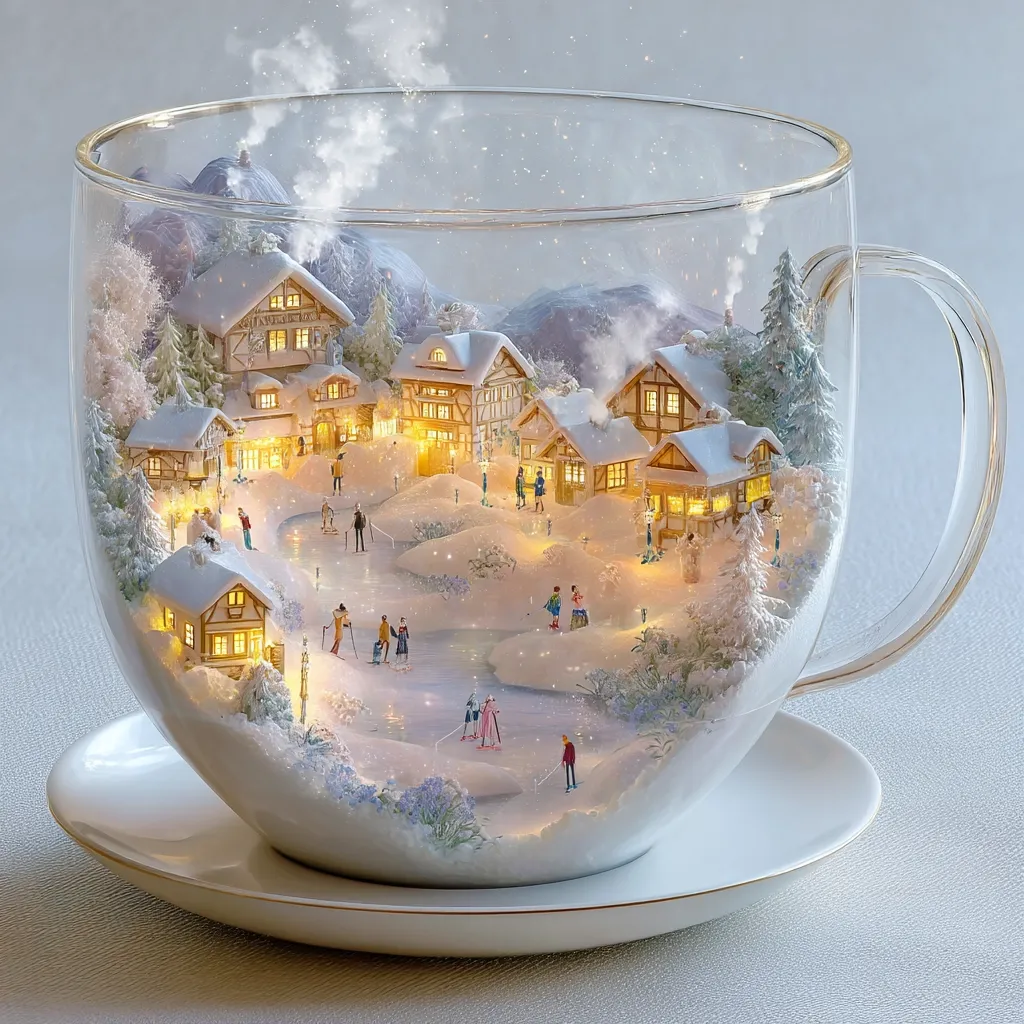 A miniature snow-covered village scene is nestled inside a large, clear glass mug, resting on a saucer.  Tiny houses with warm, glowing windows are surrounded by snow, a frozen pond where figures ice skate, and small trees. A wisp of steam rises from the "cup," adding to the cozy winter ambiance.  The overall effect is whimsical and charming, a captivating blend of fantasy and reality.