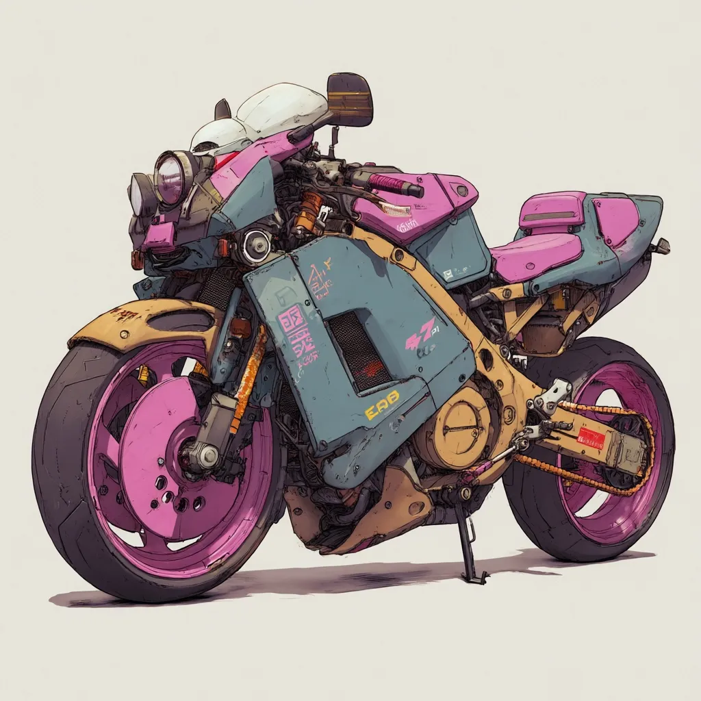 A stylized illustration depicts a futuristic motorcycle.  The bike features a teal, beige, and pink color scheme, with exposed mechanical details.  Pink rims accentuate the wheels.  Japanese characters are visible on the body, adding to its cyberpunk aesthetic. The overall style is detailed and reminiscent of concept art or graphic novels.