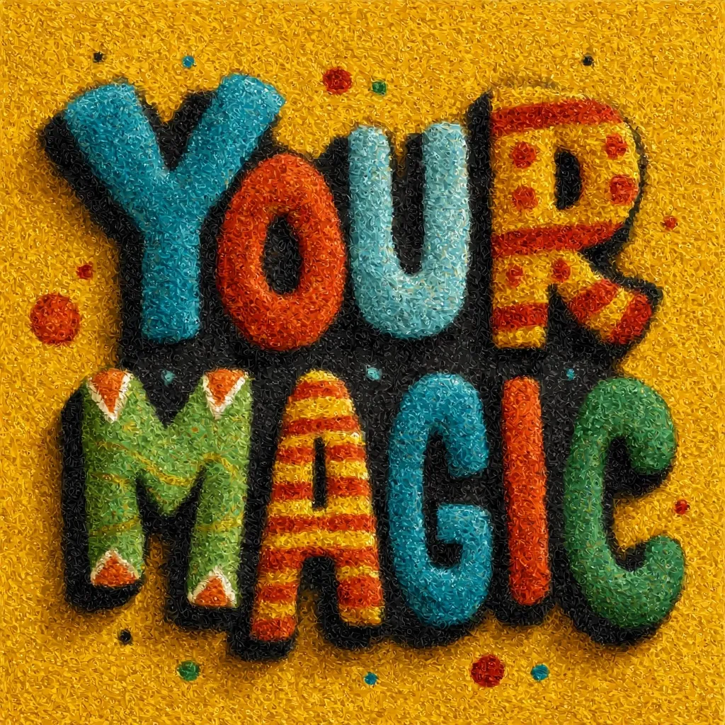 The image showcases the words "YOUR MAGIC" in a vibrant, textured style.  Each letter is rendered with a different colorful pattern, resembling fluffy yarn or felt. The letters are set against a textured yellow background, sprinkled with small colorful dots, enhancing the playful and whimsical feel of the design. The overall effect is bright, cheerful, and eye-catching.