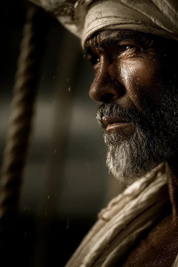 Close-up profile of a weathered, older man with a graying beard and head wrapped in white cloth.  His face is etched with lines, showing years of hardship.  He appears pensive, his gaze directed away.  Dust motes dance in the air around him, adding to the atmospheric feel of the image.  The overall tone is dark and moody, suggesting a story of struggle and resilience.