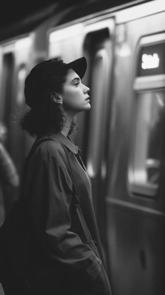 A young woman with short, curly hair wears a cap and a long, dark coat. She stands pensively beside a subway train, her gaze directed away from the camera.  The monochrome image emphasizes the contrast between the woman's contemplative expression and the blurred background of the moving train.  The overall mood is melancholic and introspective.