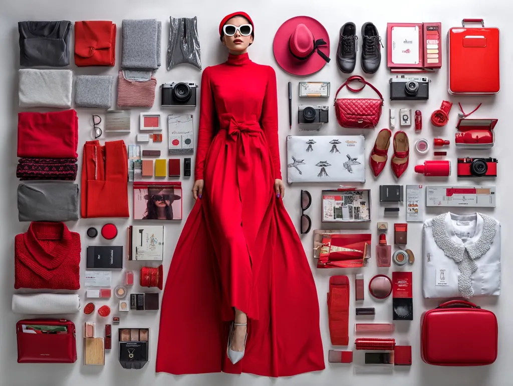 A woman in a red dress lies on a white background surrounded by various red and gray clothing items, cosmetics, accessories, and travel essentials.  The meticulously arranged objects create a visually striking flat lay, showcasing a cohesive color palette and a range of personal belongings, suggesting a curated lifestyle or travel preparation.  The overall scene is stylish and meticulously composed.
