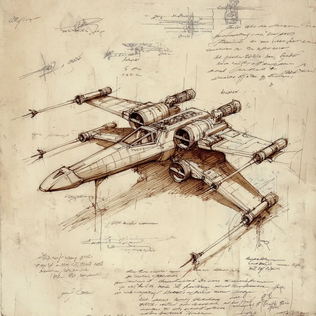 A detailed pen-and-ink technical drawing of an X-wing starfighter dominates the image, set against a parchment-like background filled with handwritten notes and design sketches.  The intricate detail of the spaceship's design is emphasized, showcasing its engines, wings, and cockpit. The surrounding text appears to be technical specifications or design notes, adding to the blueprint aesthetic.  The overall style evokes the feel of an antique engineering document.