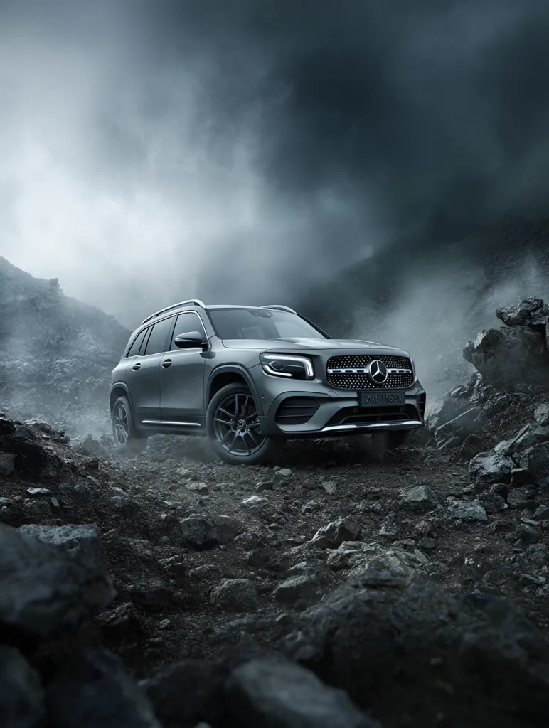 A sleek, gray Mercedes-Benz GLA SUV navigates a rugged, rocky terrain.  The vehicle is prominently featured in the foreground, contrasting against a dramatic, misty mountain backdrop.  The moody lighting and atmospheric conditions emphasize the SUV's capability and rugged design.  The overall image projects a sense of adventure and resilience.