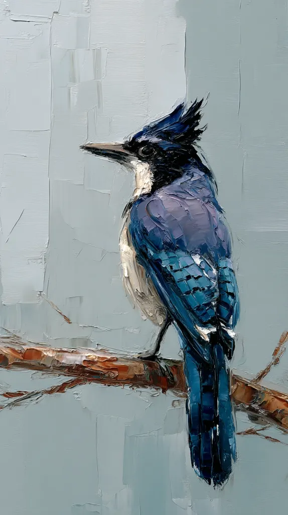 A striking impasto painting depicts a Steller's Jay perched on a branch.  The bird's vibrant blue and white plumage is rendered with thick, textured brushstrokes, contrasting against a muted, pale blue-grey background.  The artist captures the jay's posture and details with expressive impasto technique, creating a dynamic and visually captivating artwork.  The branch is painted with similar textural detail, adding to the overall sense of movement and life.