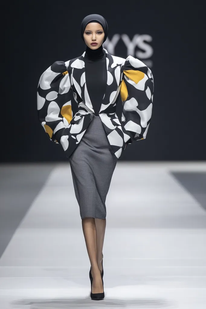 A model walks a runway, showcasing a stylish ensemble.  She wears a black turtleneck, a grey pencil skirt, and a dramatic black and white patterned blazer with large, voluminous sleeves accented with mustard yellow.  The blazer features an abstract, almost animal print design.  The model's hijab complements her outfit, completing a chic and modern look.  Black high heels finish the ensemble.