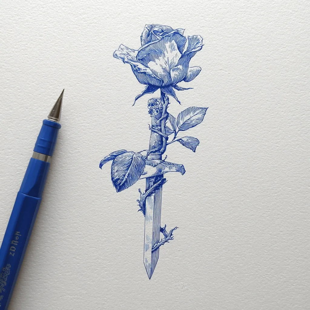 A detailed blue ink drawing depicts a rose intertwined with a dagger.  The rose blooms at the top, its stem wrapped around the blade.  Intricate detail is present in both the rose's petals and the dagger's hilt and blade.  Thorns are visible, adding to the image's dramatic contrast between beauty and danger. A blue pen rests beside the artwork.