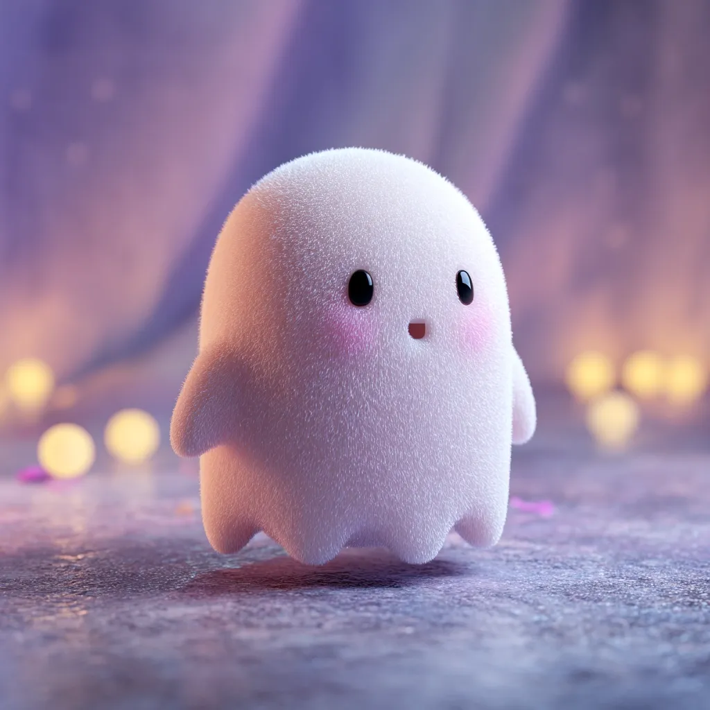 A cute, fluffy, white ghost character is depicted in a 3D render.  It has large, dark eyes, rosy cheeks, and a small, open mouth, giving it an adorable and slightly surprised expression. The ghost is positioned on a dark, textured surface, with a bokeh effect of out-of-focus lights in the background, suggesting a magical or Halloween setting. The overall mood is whimsical and charming.