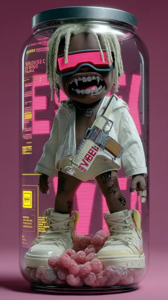 A stylized 3D rendering of a young person, possibly a rapper, trapped inside a large glass jar.  They are dressed in futuristic clothing, including pink goggles and high-top sneakers, and carry a stylized gun.  The jar sits on a bed of pink, raspberry-like candies against a pink background.  Neon pink text is partially visible on the jar. The overall aesthetic is vibrant, futuristic, and slightly unsettling.