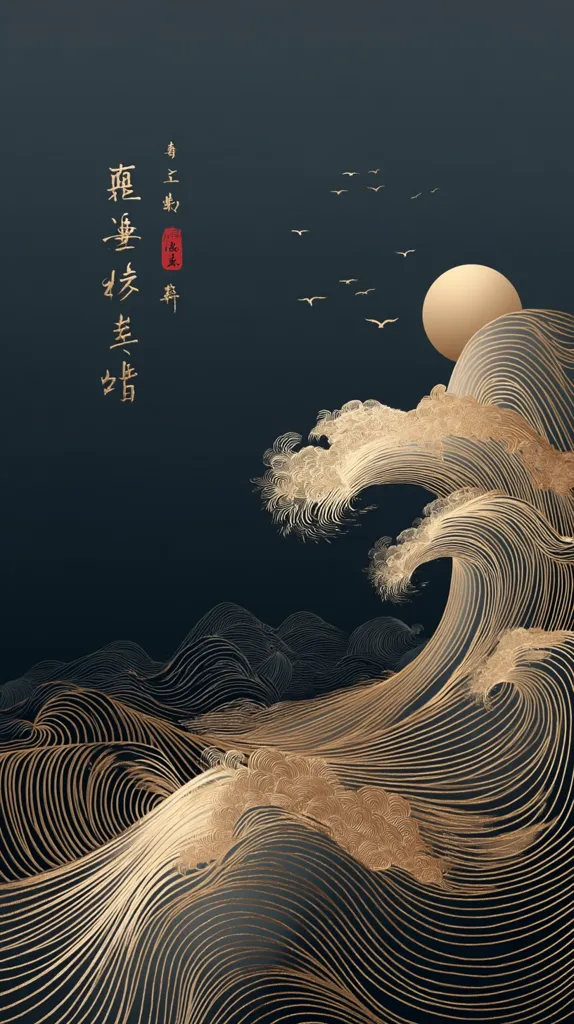 A minimalist artwork depicts stylized gold waves against a dark blue background.  The waves are rendered with intricate, linear patterns, creating a sense of depth and movement. A golden sun is partially visible in the upper right corner, and small birds are scattered across the sky.  Vertical Chinese characters are subtly placed on the left. The overall aesthetic is serene and elegant, suggesting a calm and peaceful seascape.