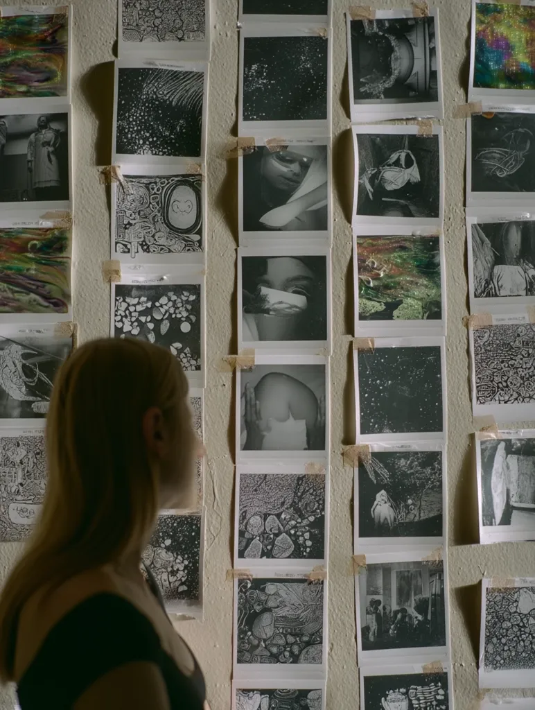 A young woman with long blonde hair stands sideways, observing a wall densely covered with black and white photographs.  The prints are diverse, showcasing abstract patterns, celestial scenes, and figurative imagery, arranged in a seemingly random yet aesthetically pleasing grid. The overall ambiance is one of artistic exploration and contemplation.